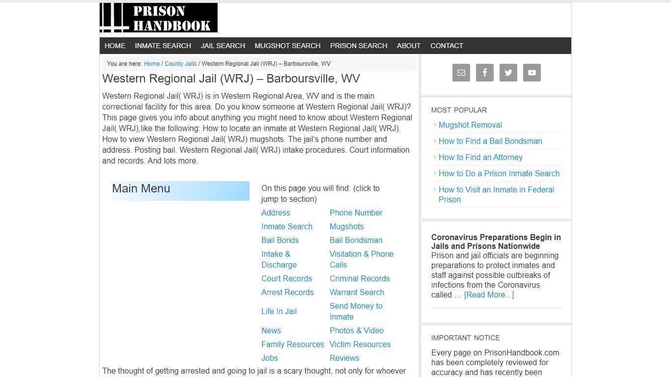 Western Regional Jail (WRJ) – Barboursville, WV - Prison Handbook